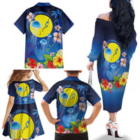 Palau Jellyfish Family Matching Off The Shoulder Long Sleeve Dress and Hawaiian Shirt Ocean Heritage Tropical Plants - Polynesian Pride
