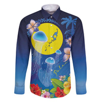 Palau Jellyfish Family Matching Off The Shoulder Long Sleeve Dress and Hawaiian Shirt Ocean Heritage Tropical Plants - Polynesian Pride