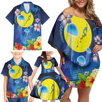 Palau Jellyfish Family Matching Off Shoulder Short Dress and Hawaiian Shirt Ocean Heritage Tropical Plants - Polynesian Pride