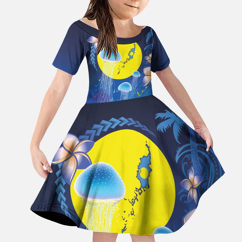 Palau Jellyfish Family Matching Puletasi and Hawaiian Shirt Ocean Heritage Tropical Plants LT03 Daughter's Dress Blue - Polynesian Pride