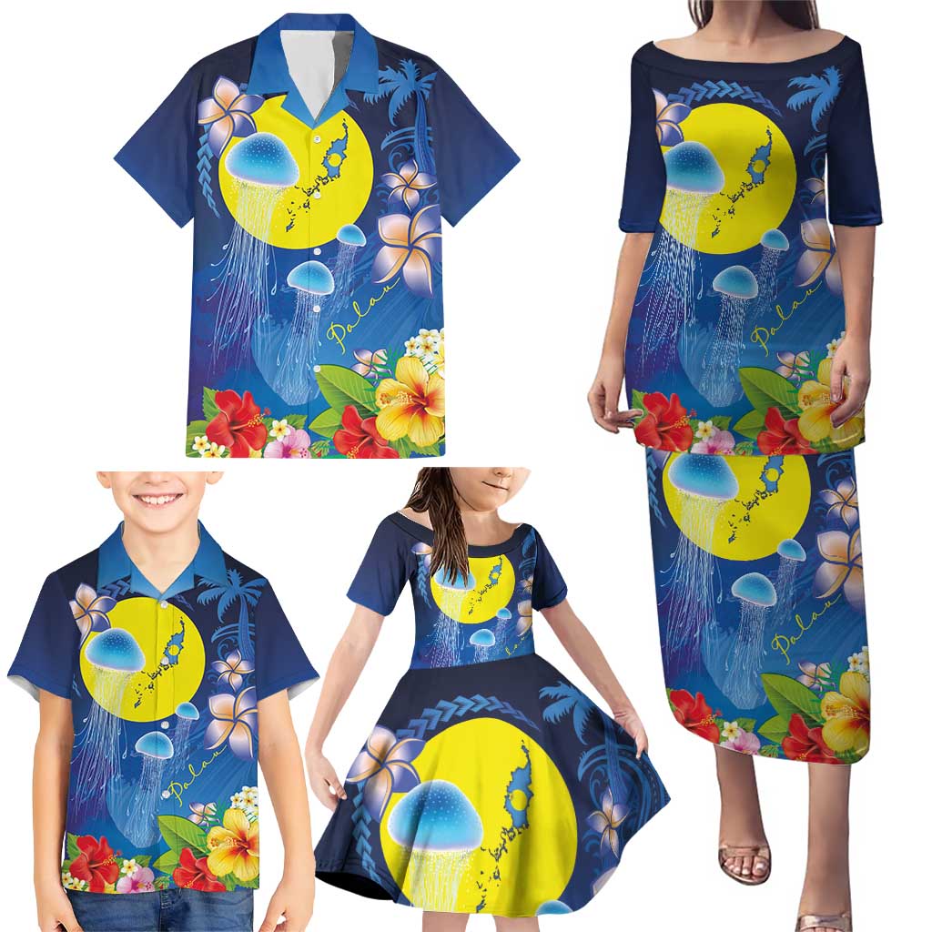 Palau Jellyfish Family Matching Puletasi and Hawaiian Shirt Ocean Heritage Tropical Plants LT03 - Polynesian Pride