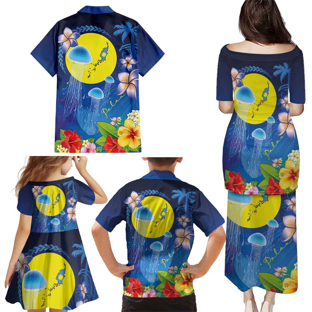 Palau Jellyfish Family Matching Puletasi and Hawaiian Shirt Ocean Heritage Tropical Plants LT03 - Polynesian Pride