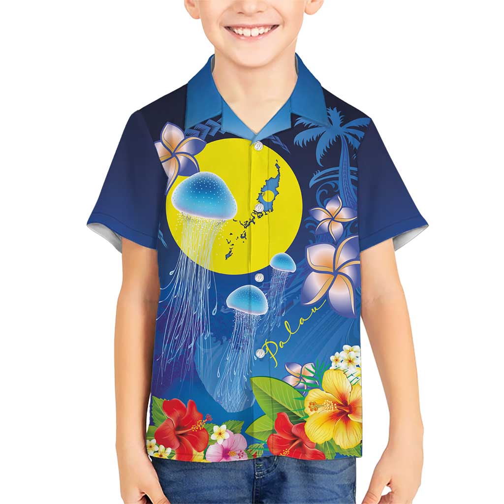 Palau Jellyfish Family Matching Puletasi and Hawaiian Shirt Ocean Heritage Tropical Plants LT03 Son's Shirt Blue - Polynesian Pride