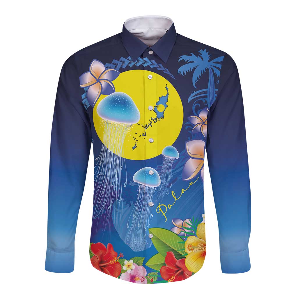 Palau Jellyfish Long Sleeve Button Shirt Ocean Heritage Tropical Plants - Polynesian Pride