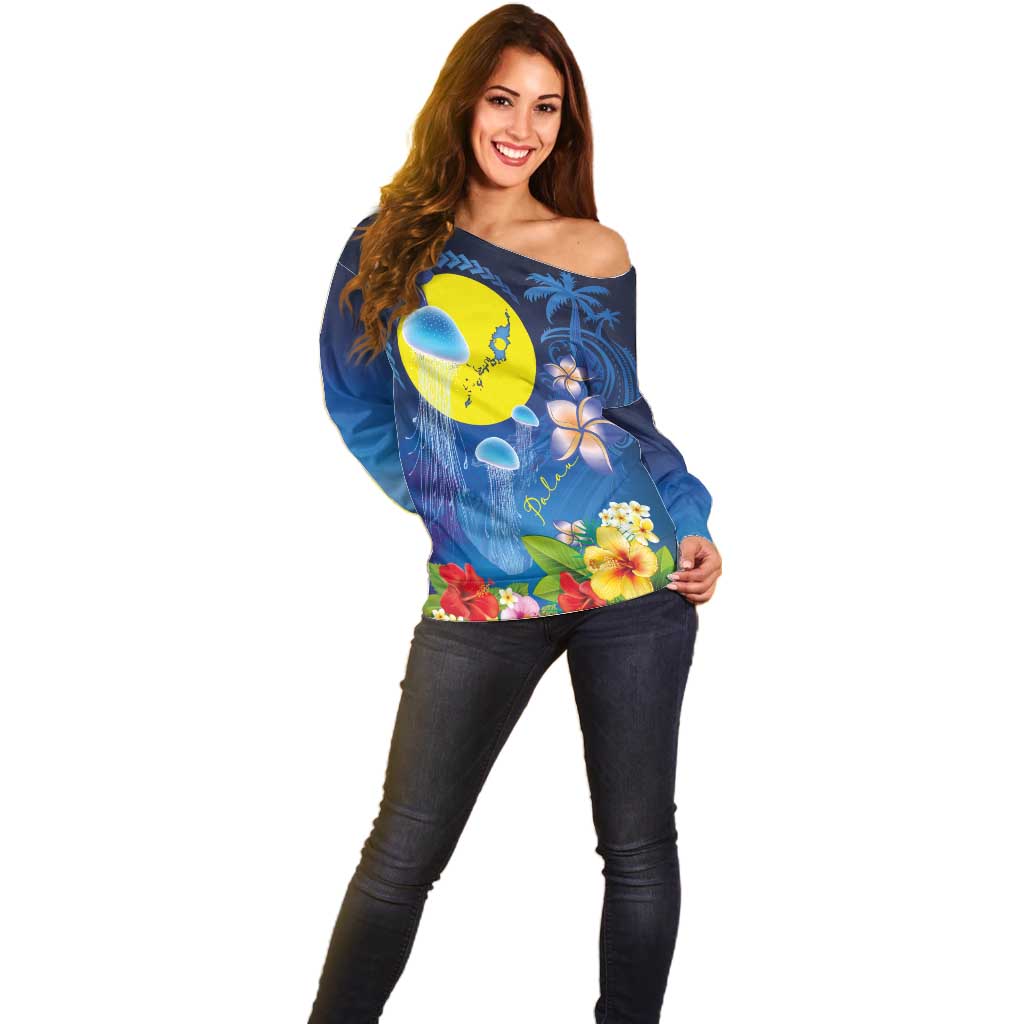 Palau Jellyfish Off Shoulder Sweater Ocean Heritage Tropical Plants - Polynesian Pride