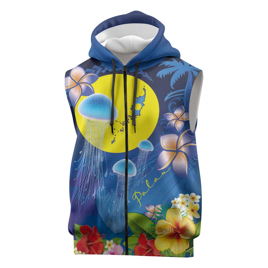 Palau Jellyfish Sleeveless Zip Hoodie Ocean Heritage Tropical Plants LT03 Blue - Polynesian Pride