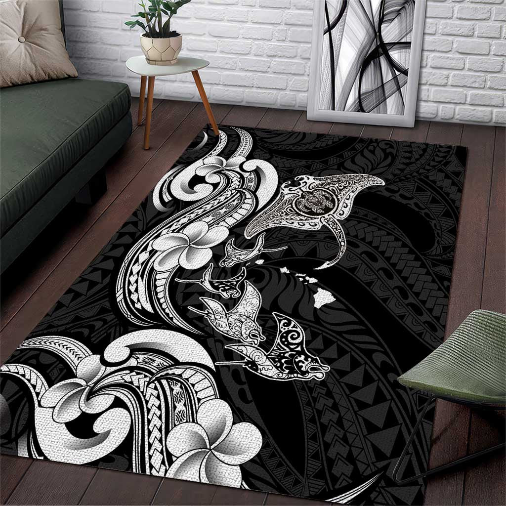 Hawaiian Manta Rays Area Rug Tribal Hibiscus Polynesian Tattoos Black Color - Polynesian Pride