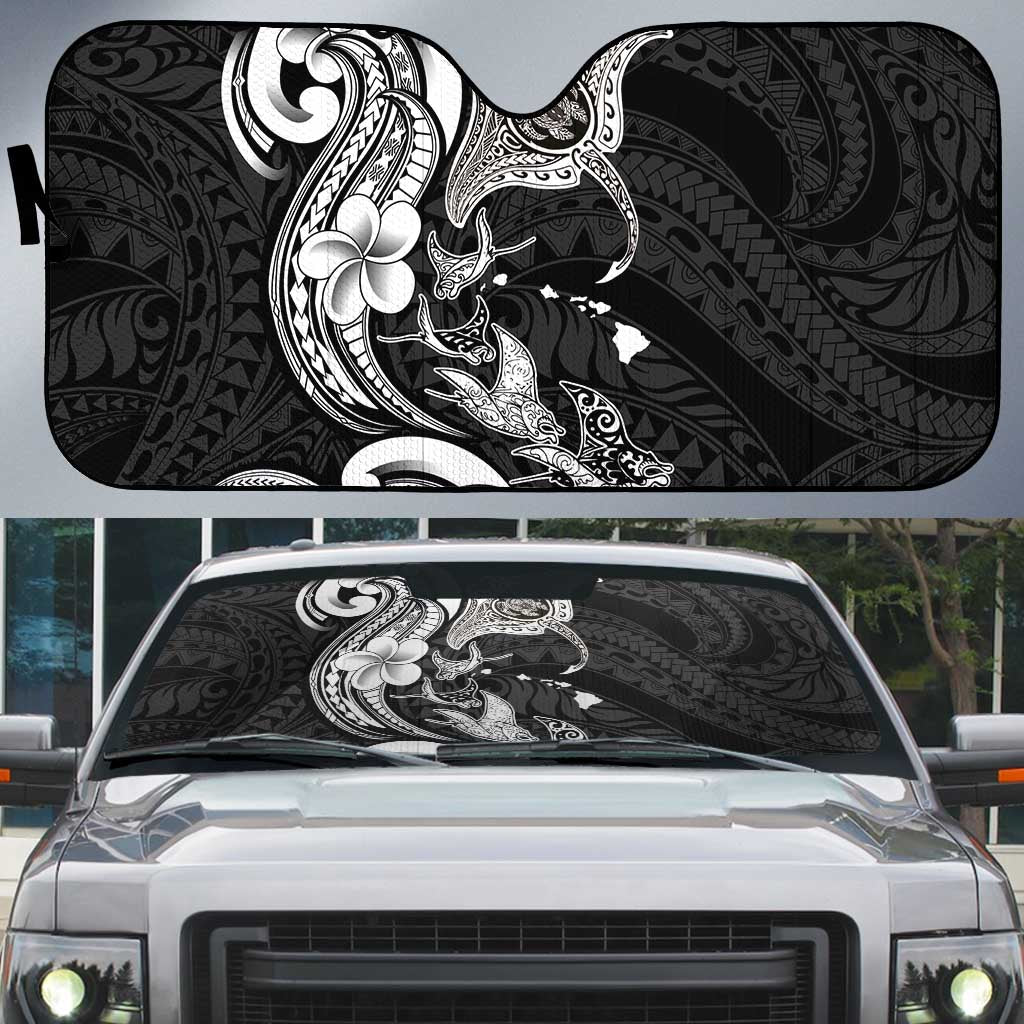 Hawaiian Manta Rays Auto Sun Shade Tribal Hibiscus Polynesian Tattoos Black Color - Polynesian Pride