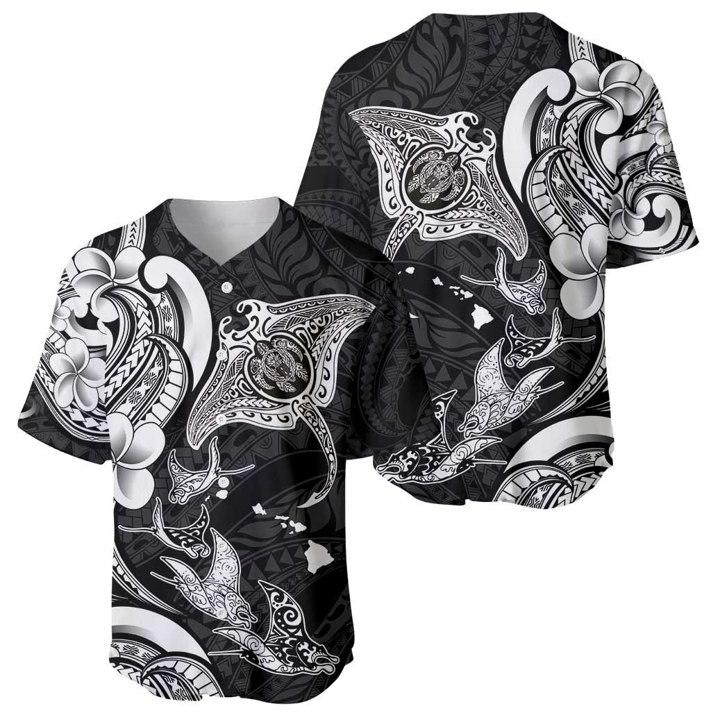 Hawaiian Manta Rays Baseball Jersey Tribal Hibiscus Polynesian Tattoos Black Color - Polynesian Pride