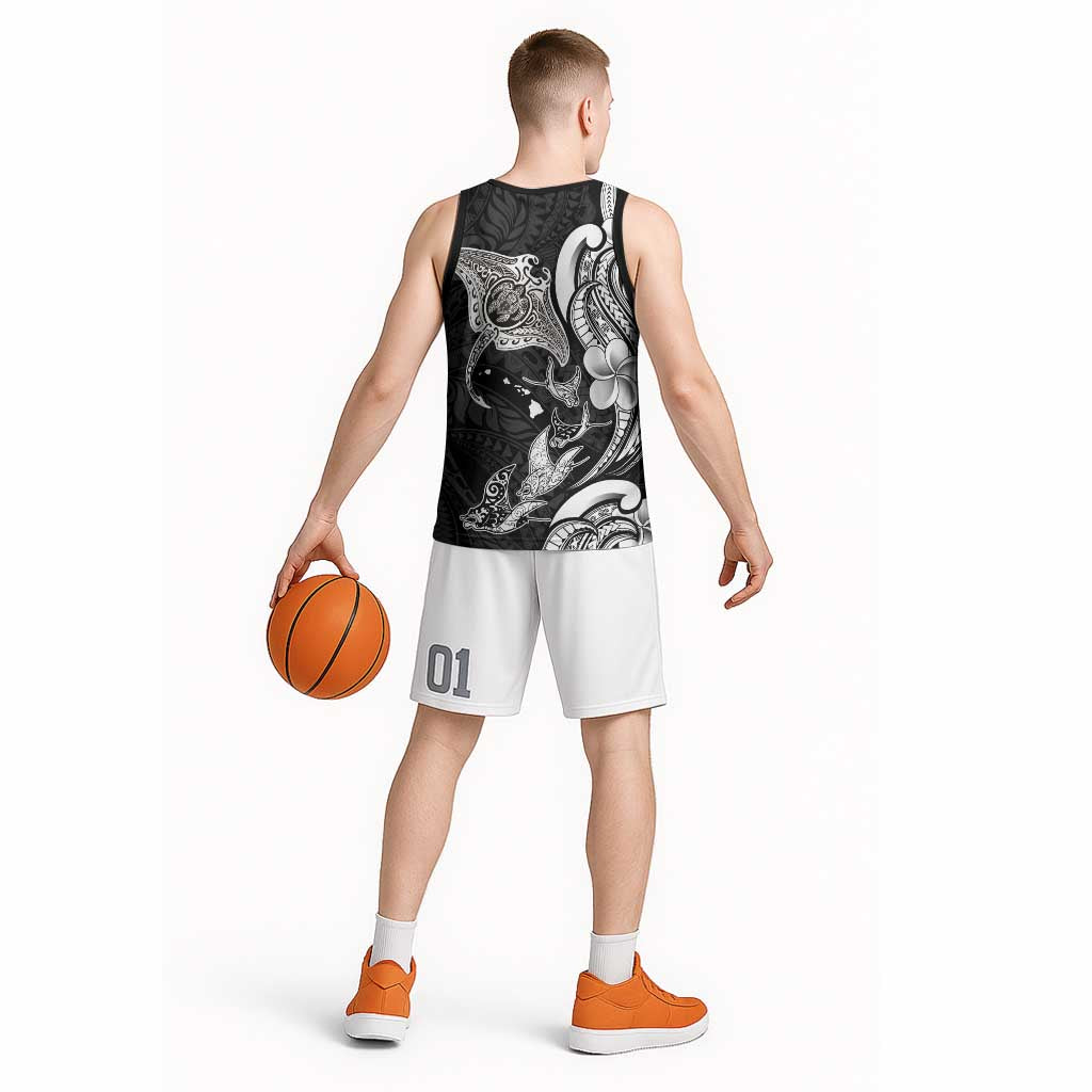 Hawaiian Manta Rays Basketball Jersey Tribal Hibiscus Polynesian Tattoos Black Color - Polynesian Pride
