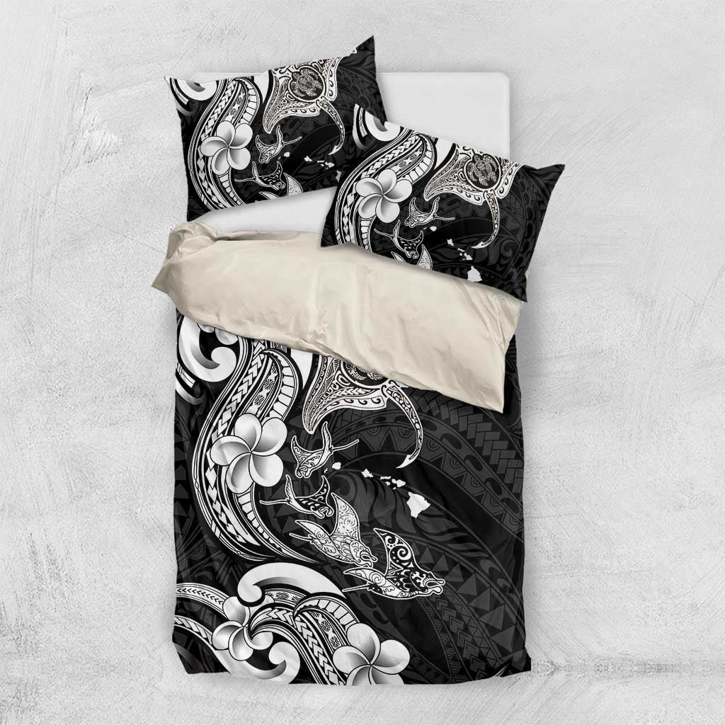 Hawaiian Manta Rays Bedding Set Tribal Hibiscus Polynesian Tattoos Black Color - Polynesian Pride