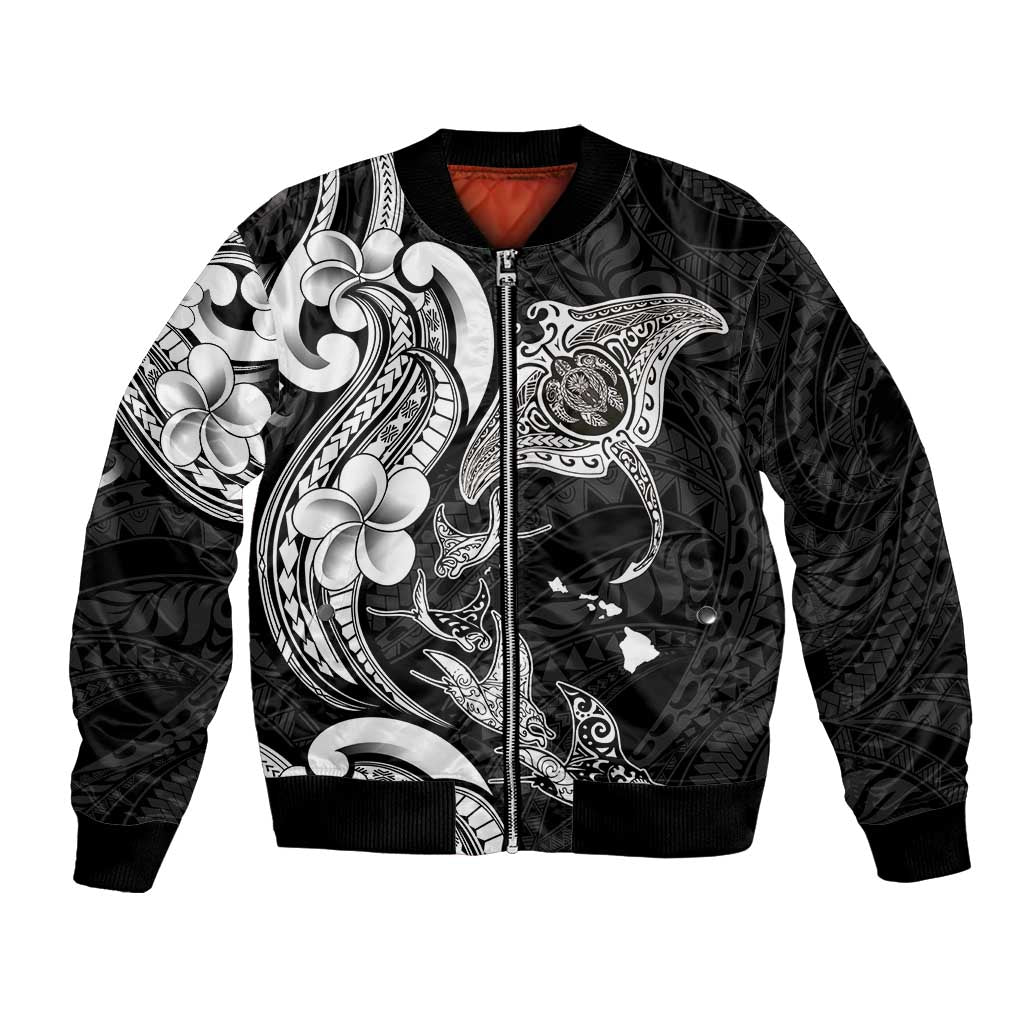 Hawaiian Manta Rays Bomber Jacket Tribal Hibiscus Polynesian Tattoos Black Color - Polynesian Pride