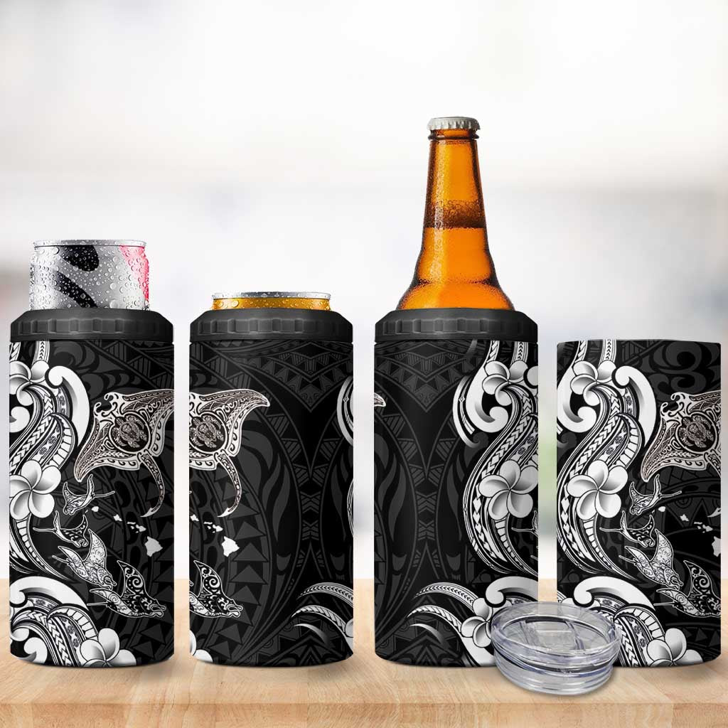 Hawaiian Manta Rays 4 in 1 Can Cooler Tumbler Tribal Hibiscus Polynesian Tattoos Black Color - Polynesian Pride