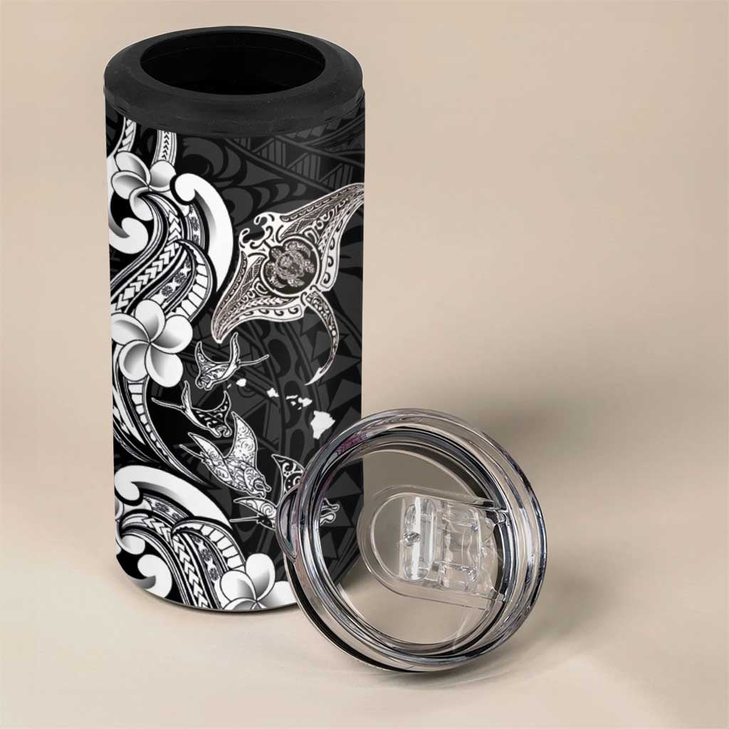 Hawaiian Manta Rays 4 in 1 Can Cooler Tumbler Tribal Hibiscus Polynesian Tattoos Black Color - Polynesian Pride