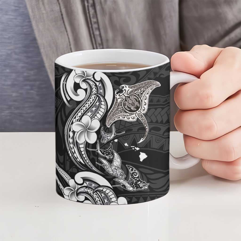 Hawaiian Manta Rays Ceramic Mug Tribal Hibiscus Polynesian Tattoos Black Color - Polynesian Pride