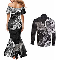 Hawaiian Manta Rays Couples Matching Mermaid Dress and Long Sleeve Button Shirt Tribal Hibiscus Polynesian Tattoos Black Color - Polynesian Pride