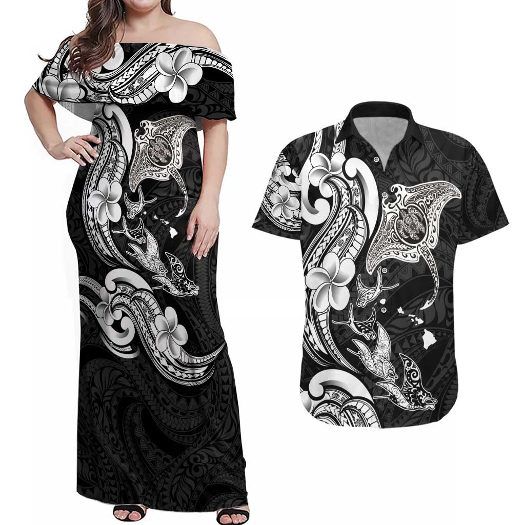 Hawaiian Manta Rays Couples Matching Off Shoulder Maxi Dress and Hawaiian Shirt Tribal Hibiscus Polynesian Tattoos Black Color - Polynesian Pride