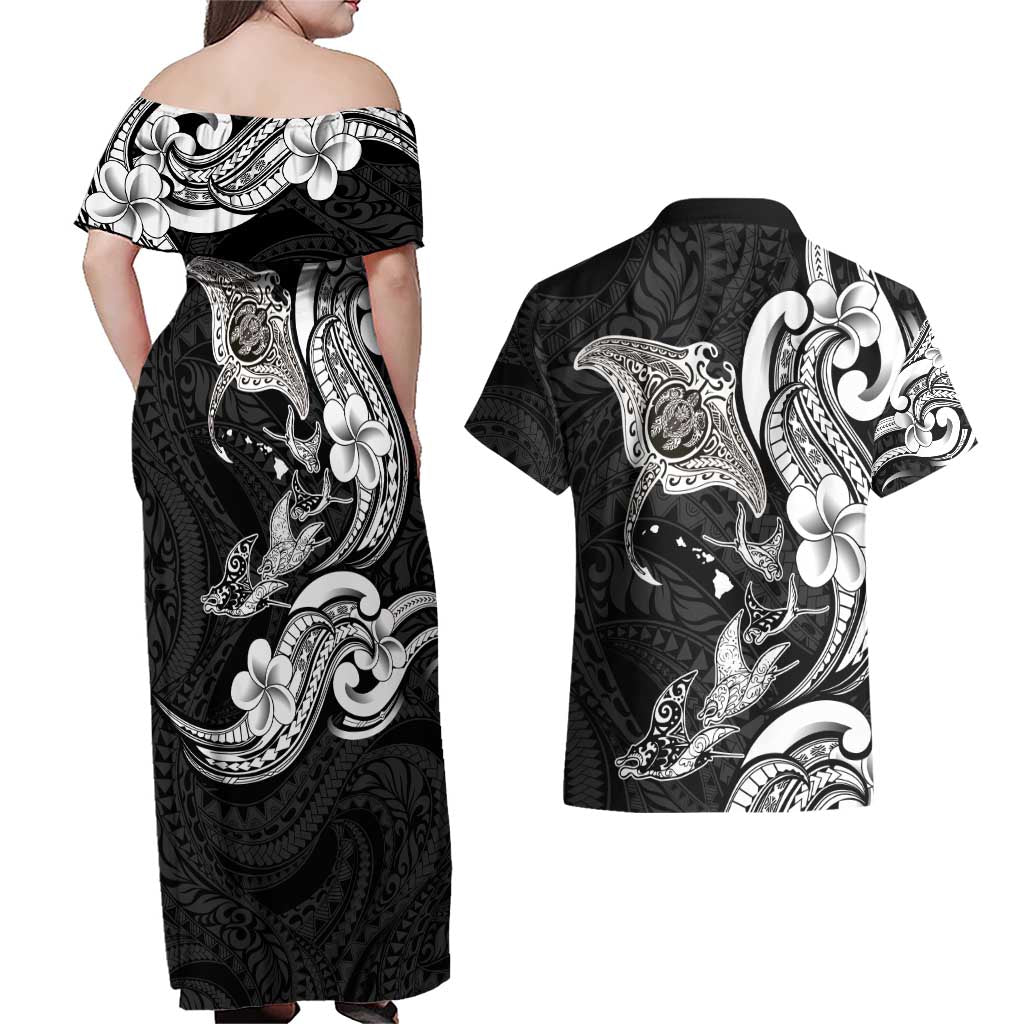 Hawaiian Manta Rays Couples Matching Off Shoulder Maxi Dress and Hawaiian Shirt Tribal Hibiscus Polynesian Tattoos Black Color - Polynesian Pride