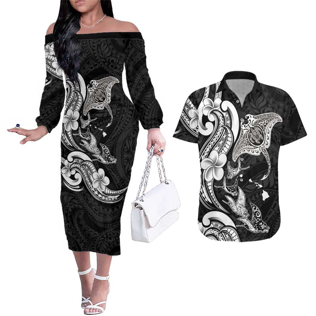 Hawaiian Manta Rays Couples Matching Off The Shoulder Long Sleeve Dress and Hawaiian Shirt Tribal Hibiscus Polynesian Tattoos Black Color LT03 Black - Polynesian Pride
