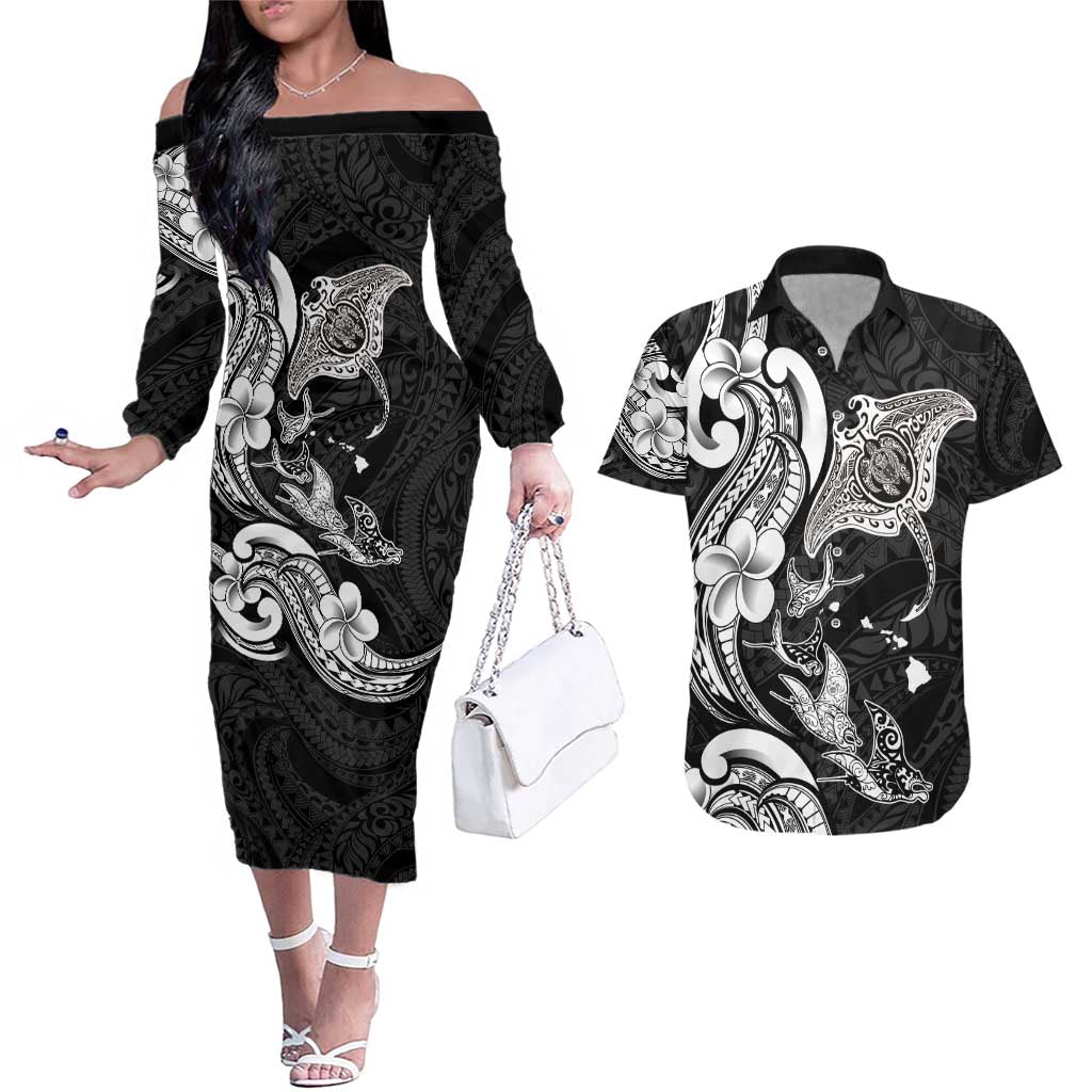Hawaiian Manta Rays Couples Matching Off The Shoulder Long Sleeve Dress and Hawaiian Shirt Tribal Hibiscus Polynesian Tattoos Black Color - Polynesian Pride