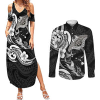 Hawaiian Manta Rays Couples Matching Summer Maxi Dress and Long Sleeve Button Shirt Tribal Hibiscus Polynesian Tattoos Black Color - Polynesian Pride