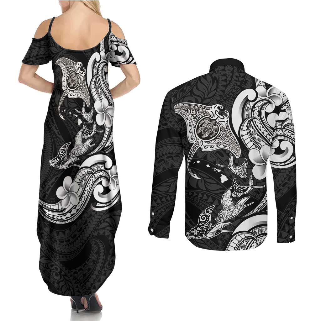 Hawaiian Manta Rays Couples Matching Summer Maxi Dress and Long Sleeve Button Shirt Tribal Hibiscus Polynesian Tattoos Black Color - Polynesian Pride