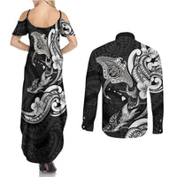 Hawaiian Manta Rays Couples Matching Summer Maxi Dress and Long Sleeve Button Shirt Tribal Hibiscus Polynesian Tattoos Black Color - Polynesian Pride