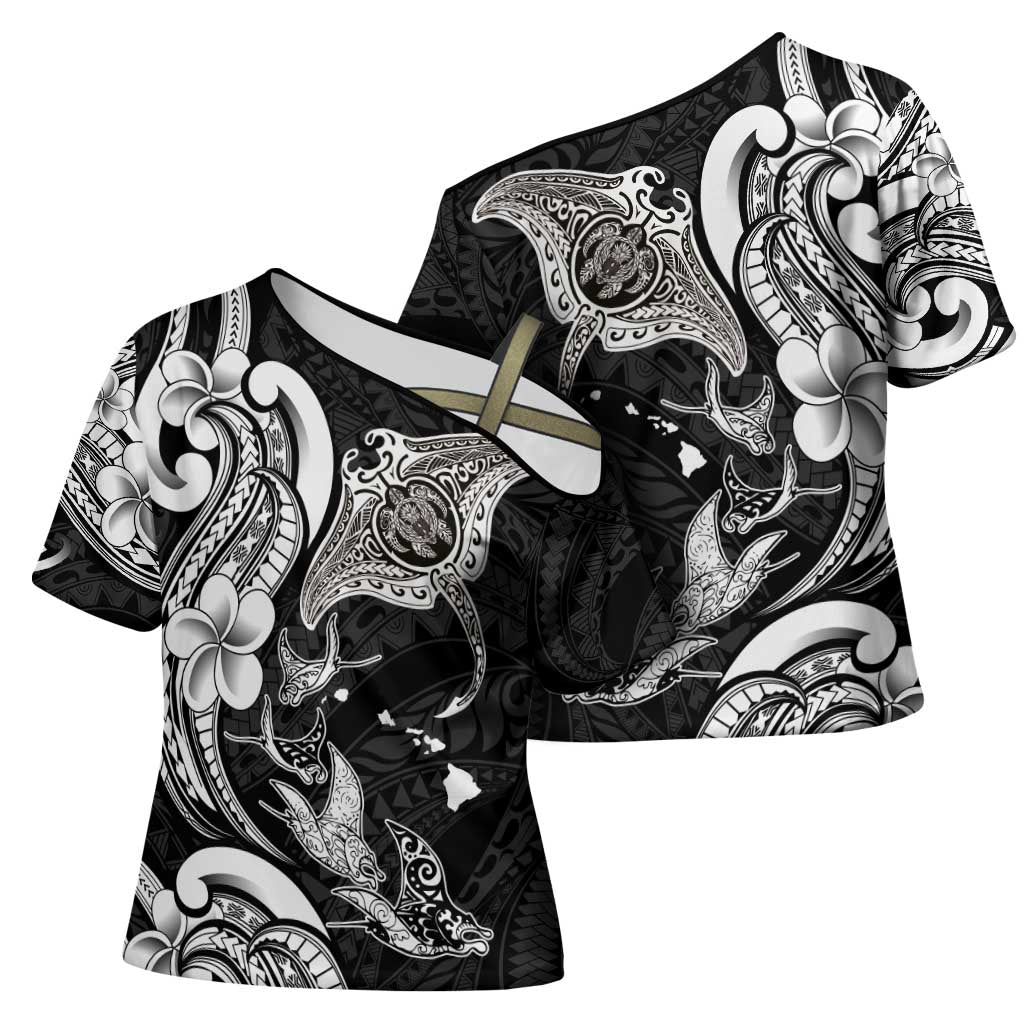 Hawaiian Manta Rays Cross Shoulder Shirt Tribal Hibiscus Polynesian Tattoos Black Color - Polynesian Pride