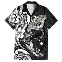 Hawaiian Manta Rays Family Matching Long Sleeve Bodycon Dress and Hawaiian Shirt Tribal Hibiscus Polynesian Tattoos Black Color - Polynesian Pride