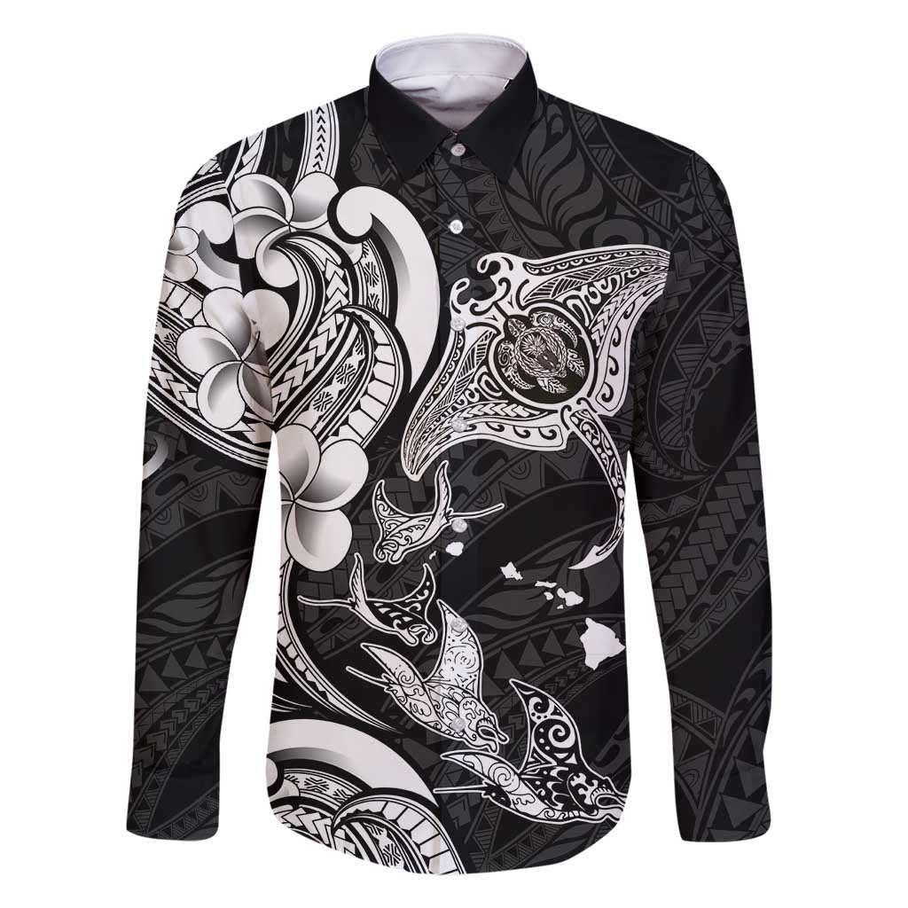 Hawaiian Manta Rays Family Matching Long Sleeve Bodycon Dress and Hawaiian Shirt Tribal Hibiscus Polynesian Tattoos Black Color - Polynesian Pride