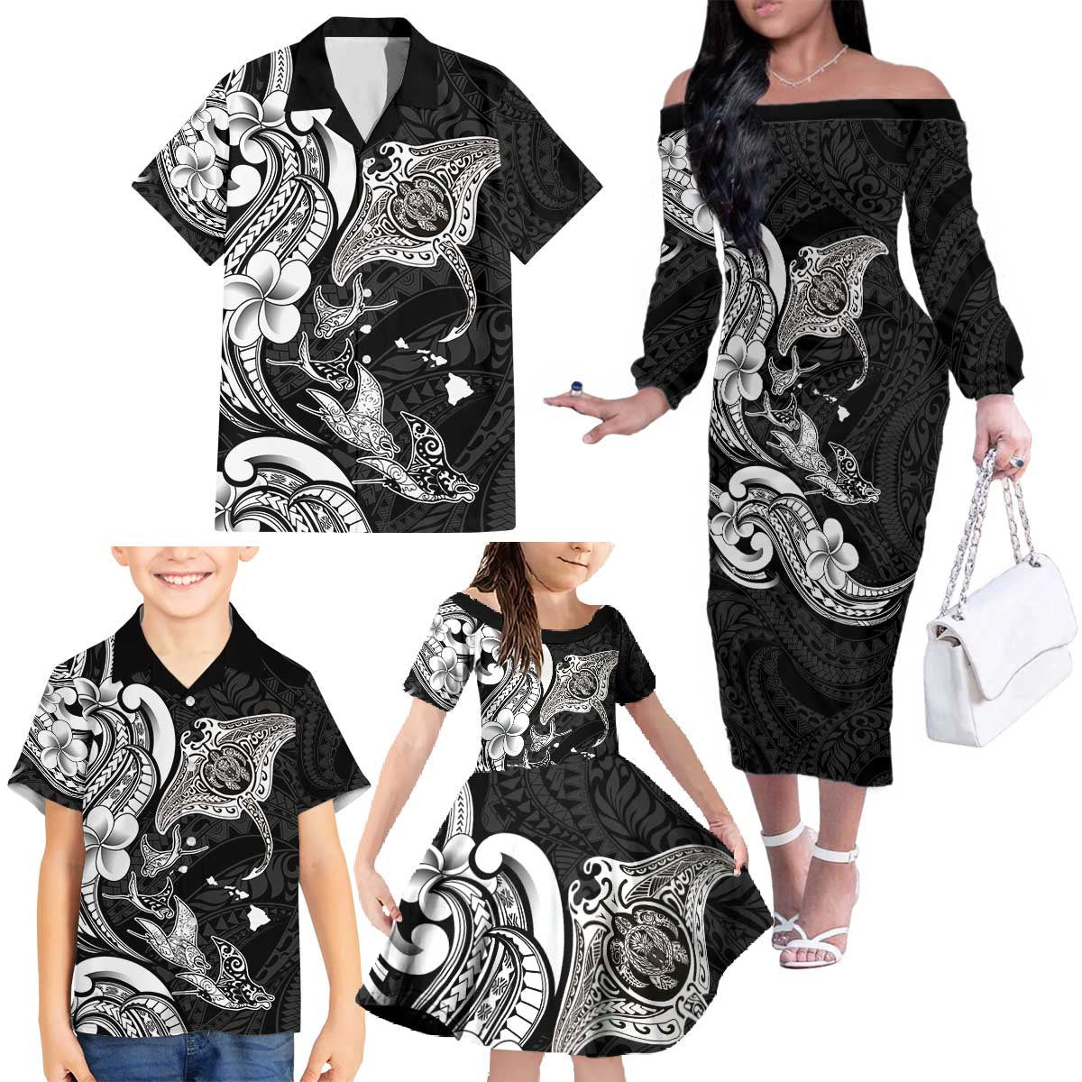 Hawaiian Manta Rays Family Matching Off The Shoulder Long Sleeve Dress and Hawaiian Shirt Tribal Hibiscus Polynesian Tattoos Black Color - Polynesian Pride