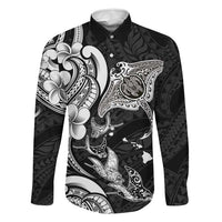Hawaiian Manta Rays Family Matching Off The Shoulder Long Sleeve Dress and Hawaiian Shirt Tribal Hibiscus Polynesian Tattoos Black Color LT03 Dad's Shirt - Long Sleeve Black - Polynesian Pride