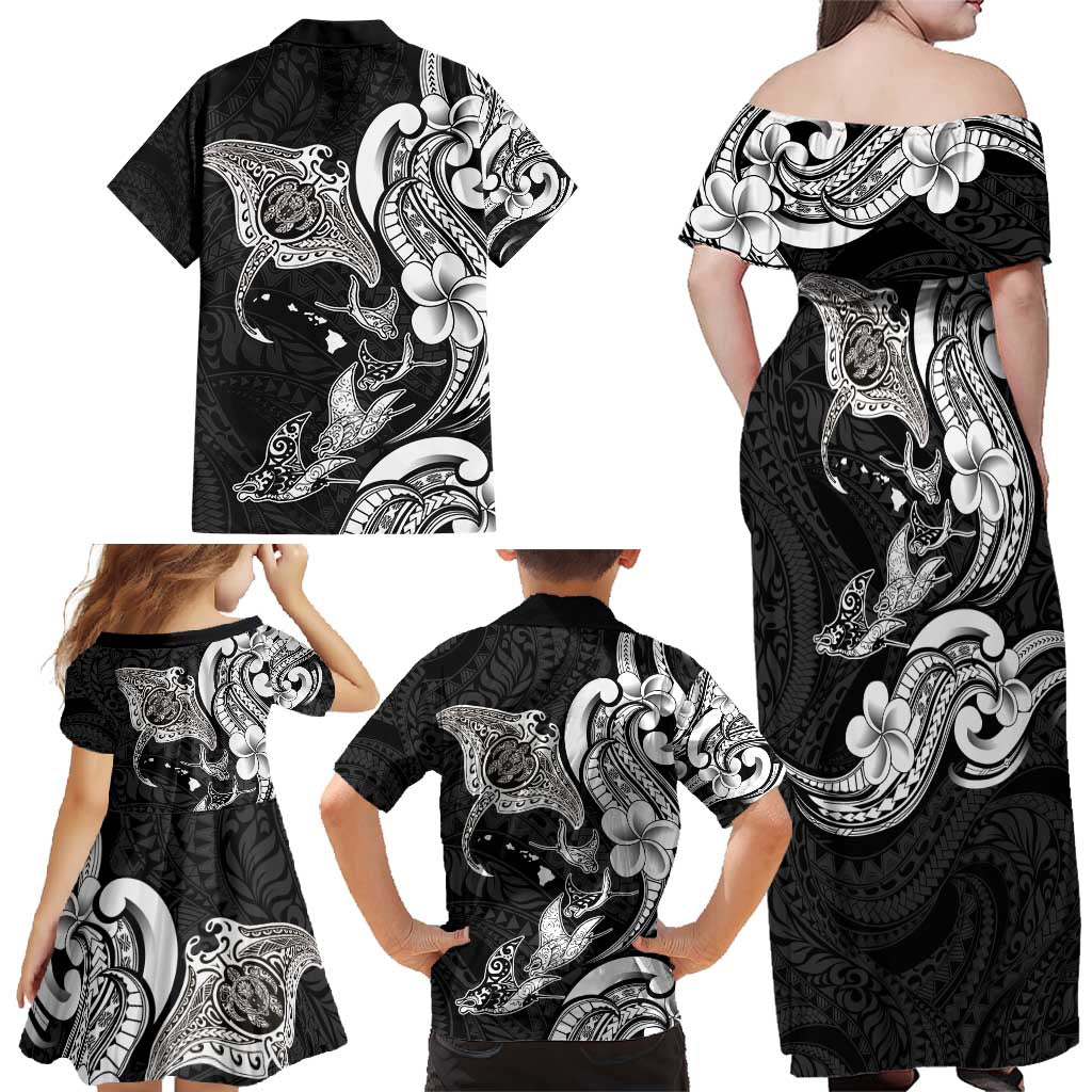 Hawaiian Manta Rays Family Matching Off Shoulder Maxi Dress and Hawaiian Shirt Tribal Hibiscus Polynesian Tattoos Black Color - Polynesian Pride