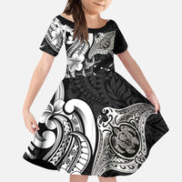 Hawaiian Manta Rays Family Matching Off Shoulder Short Dress and Hawaiian Shirt Tribal Hibiscus Polynesian Tattoos Black Color LT03 Daughter's Dress Black - Polynesian Pride