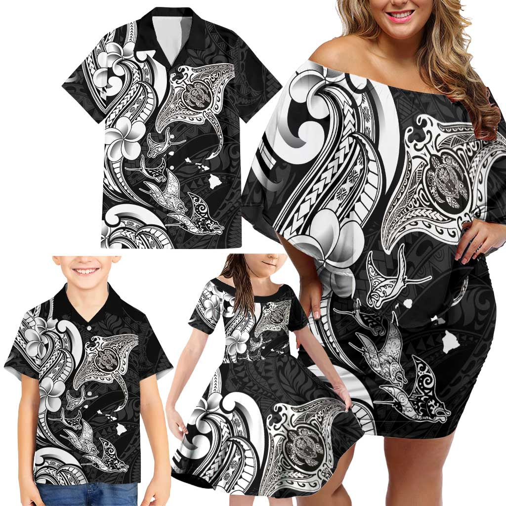 Hawaiian Manta Rays Family Matching Off Shoulder Short Dress and Hawaiian Shirt Tribal Hibiscus Polynesian Tattoos Black Color LT03 - Polynesian Pride