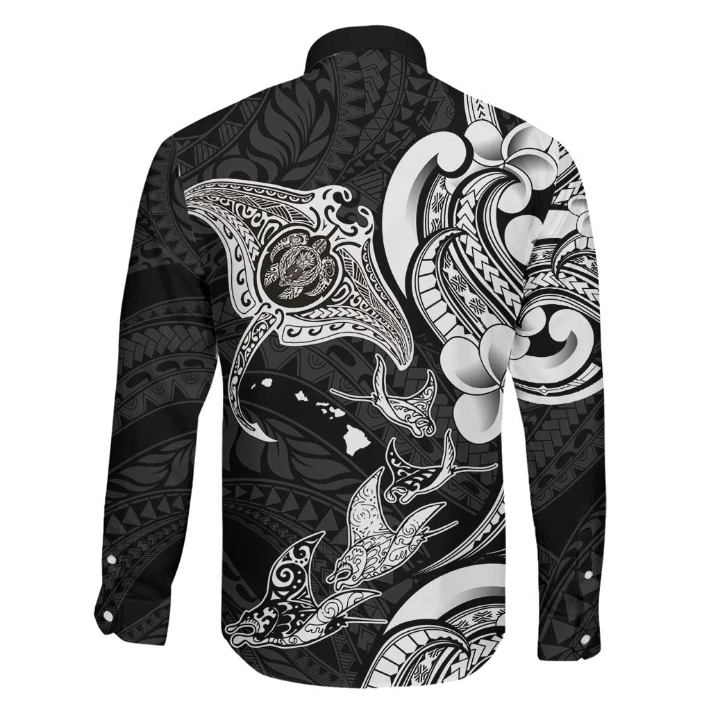 Hawaiian Manta Rays Family Matching Off Shoulder Short Dress and Hawaiian Shirt Tribal Hibiscus Polynesian Tattoos Black Color LT03 - Polynesian Pride