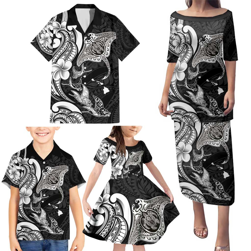 Hawaiian Manta Rays Family Matching Puletasi and Hawaiian Shirt Tribal Hibiscus Polynesian Tattoos Black Color - Polynesian Pride