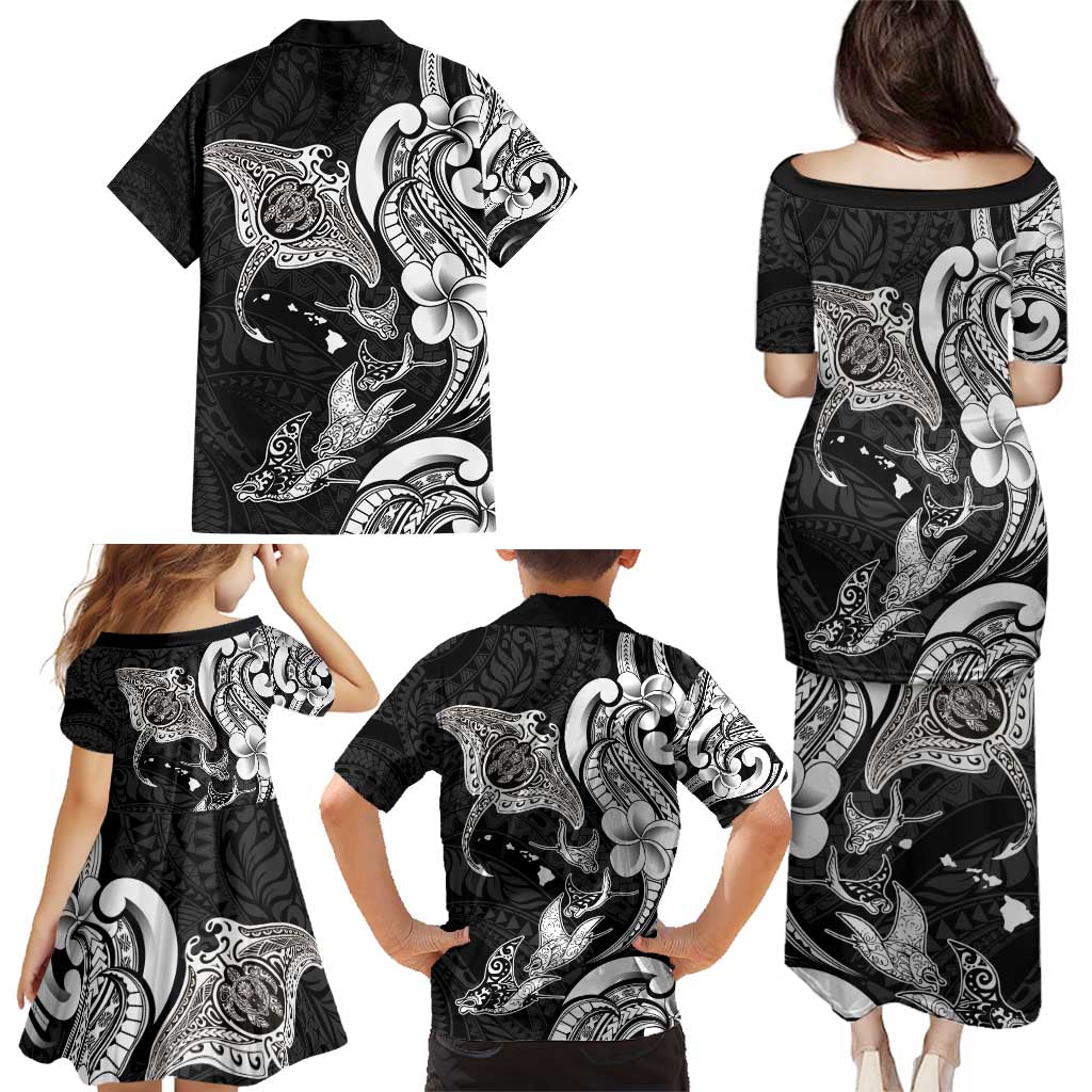 Hawaiian Manta Rays Family Matching Puletasi and Hawaiian Shirt Tribal Hibiscus Polynesian Tattoos Black Color - Polynesian Pride