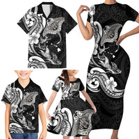 Hawaiian Manta Rays Family Matching Short Sleeve Bodycon Dress and Hawaiian Shirt Tribal Hibiscus Polynesian Tattoos Black Color LT03 - Polynesian Pride