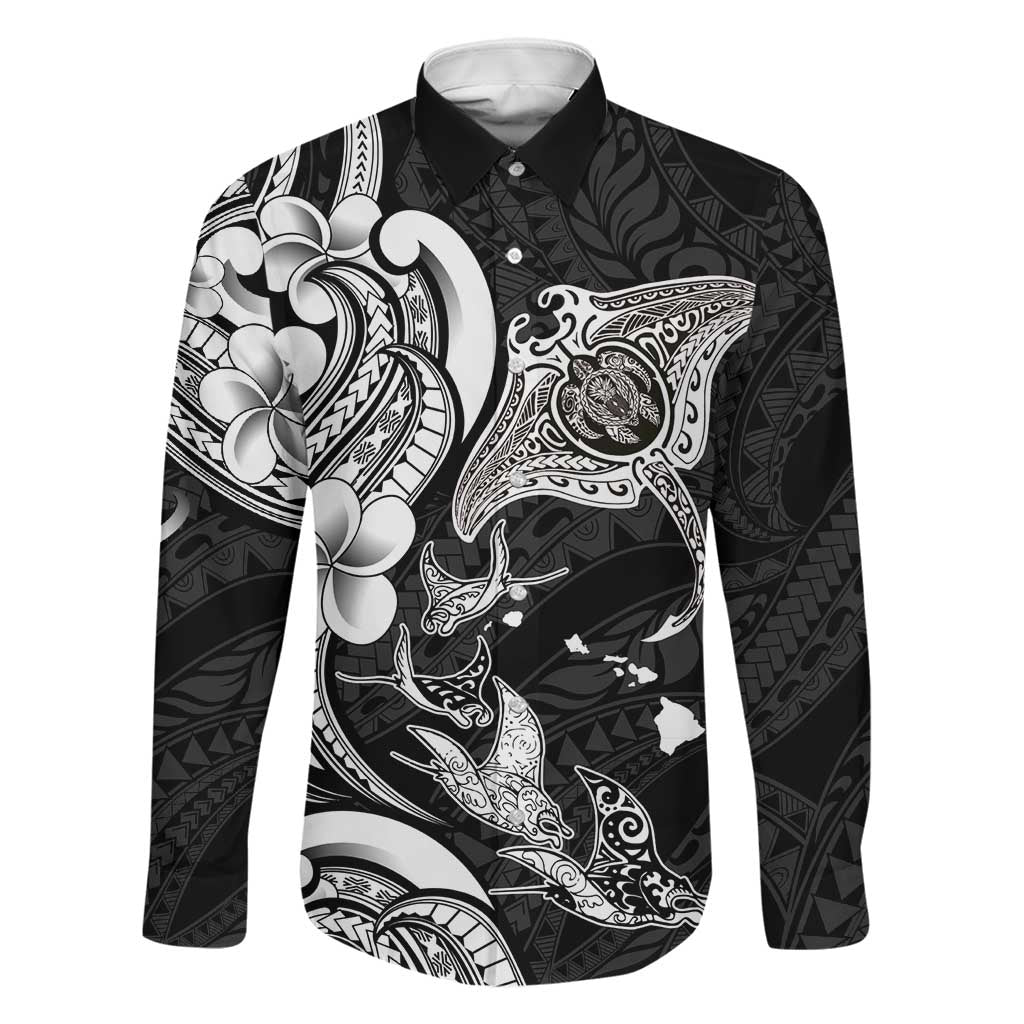 Hawaiian Manta Rays Family Matching Short Sleeve Bodycon Dress and Hawaiian Shirt Tribal Hibiscus Polynesian Tattoos Black Color LT03 Dad's Shirt - Long Sleeve Black - Polynesian Pride