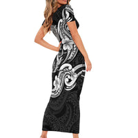Hawaiian Manta Rays Family Matching Short Sleeve Bodycon Dress and Hawaiian Shirt Tribal Hibiscus Polynesian Tattoos Black Color LT03 - Polynesian Pride