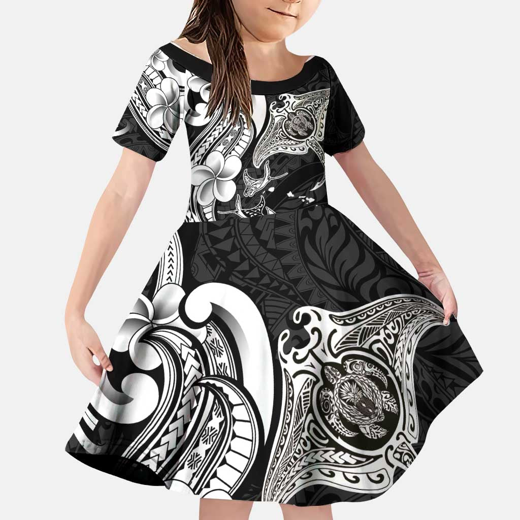 Hawaiian Manta Rays Family Matching Tank Maxi Dress and Hawaiian Shirt Tribal Hibiscus Polynesian Tattoos Black Color LT03 Daughter's Dress Black - Polynesian Pride