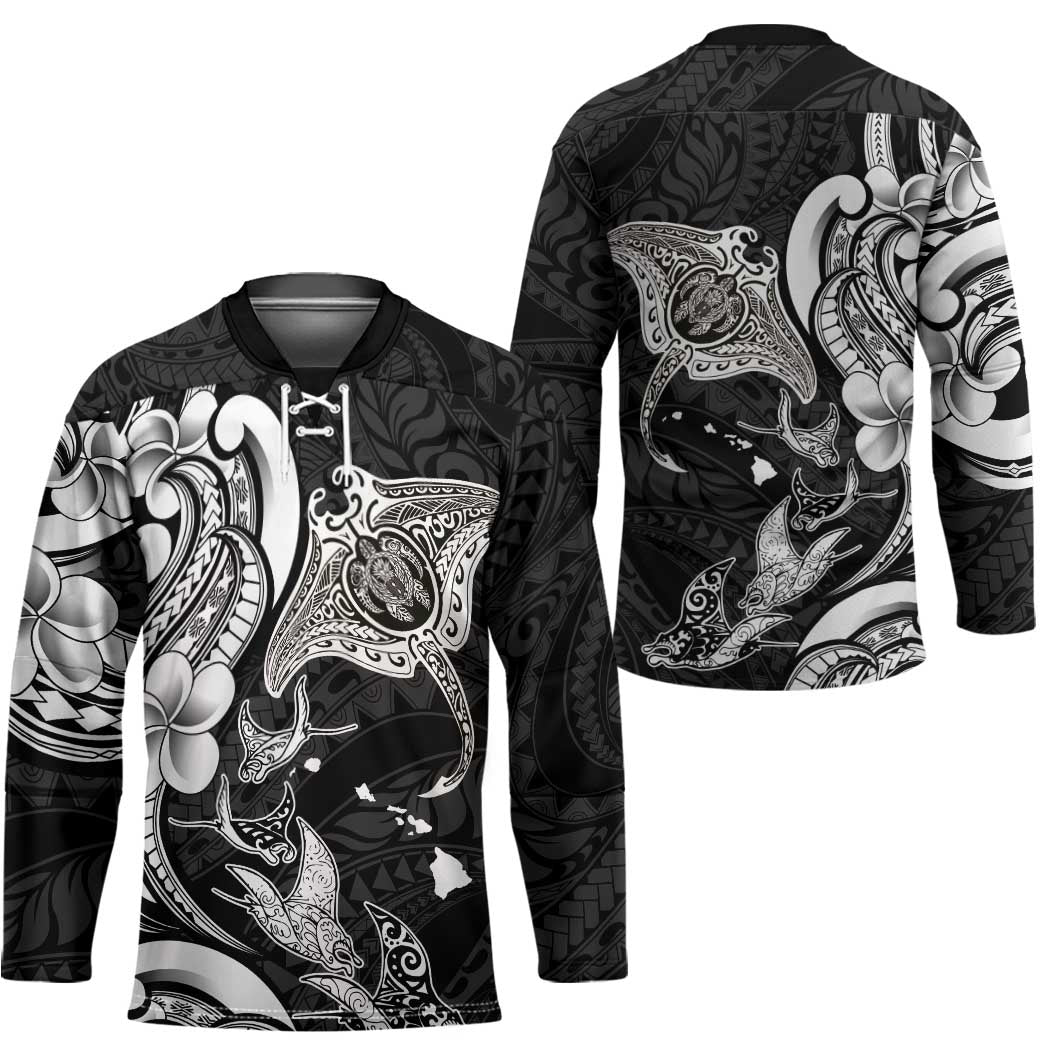 Hawaiian Manta Rays Hockey Jersey Tribal Hibiscus Polynesian Tattoos Black Color - Polynesian Pride