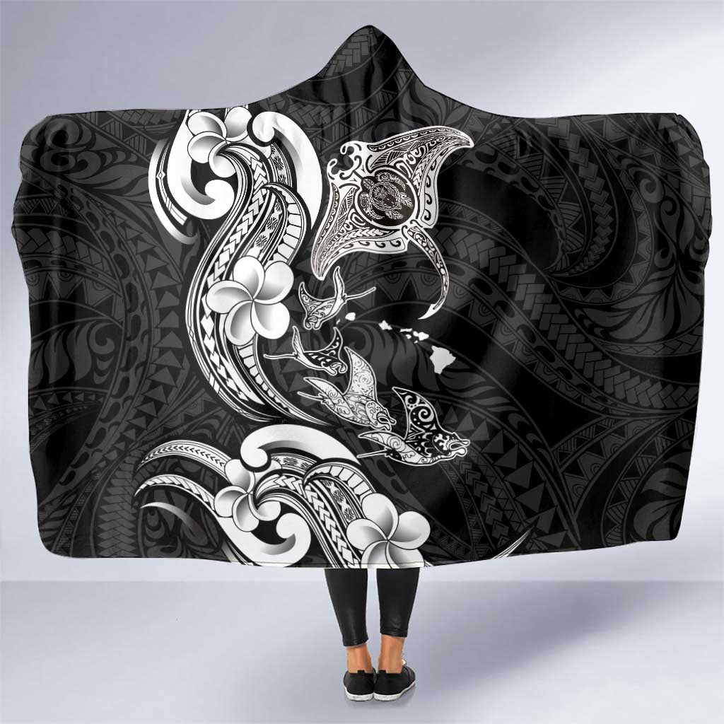 Hawaiian Manta Rays Hooded Blanket Tribal Hibiscus Polynesian Tattoos Black Color - Polynesian Pride