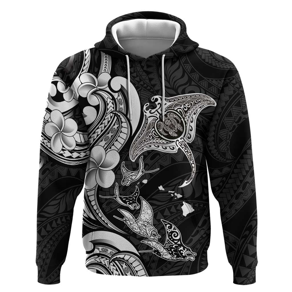 Hawaiian Manta Rays Hoodie Tribal Hibiscus Polynesian Tattoos Black Color - Polynesian Pride