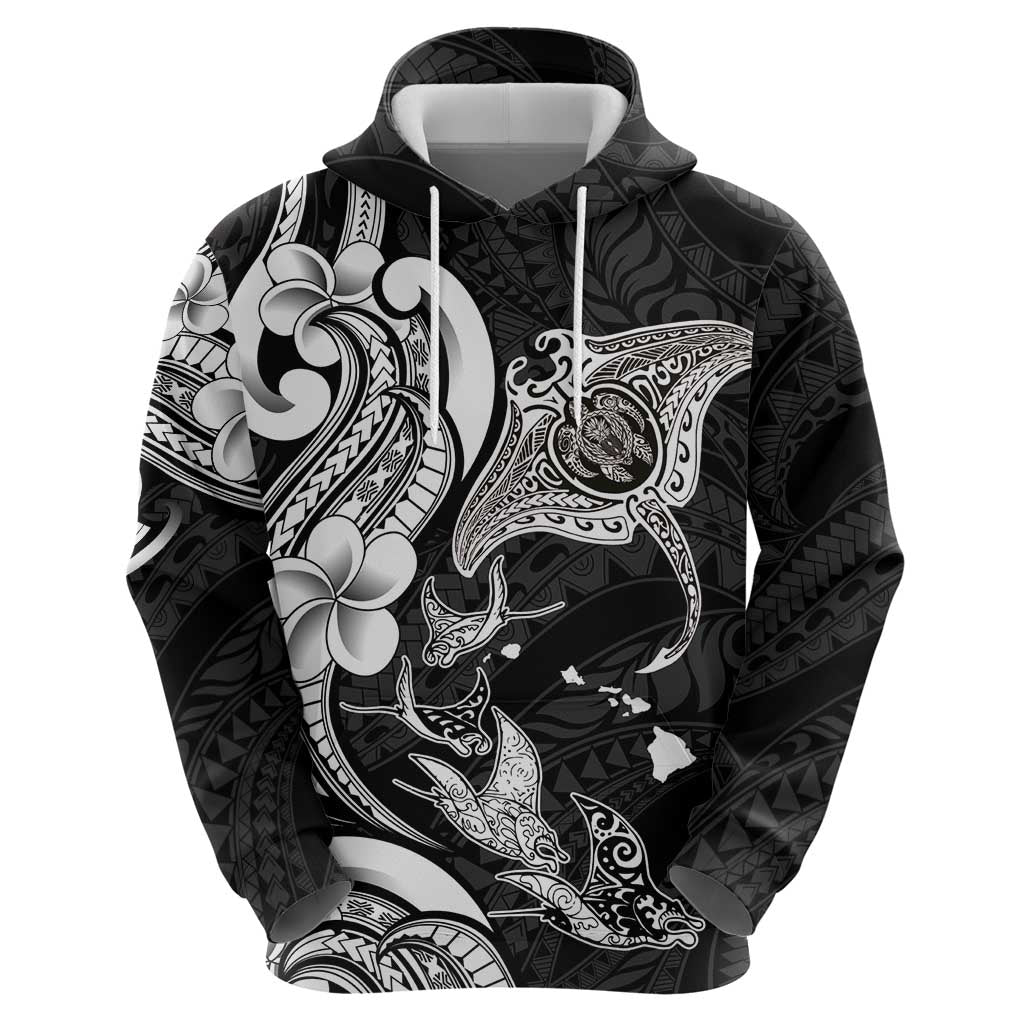 Hawaiian Manta Rays Hoodie Tribal Hibiscus Polynesian Tattoos Black Color - Polynesian Pride