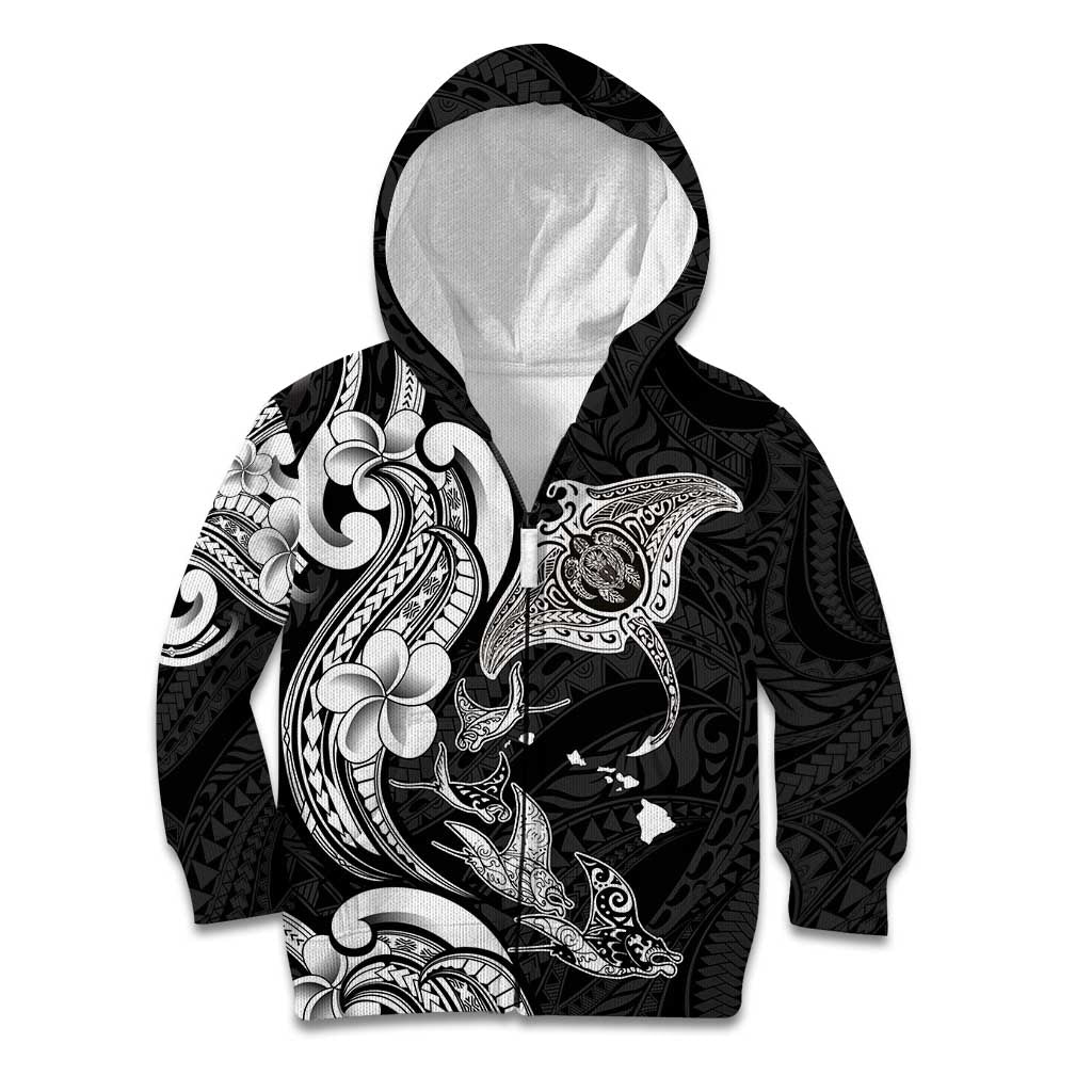 Hawaiian Manta Rays Kid Hoodie Tribal Hibiscus Polynesian Tattoos Black Color - Polynesian Pride