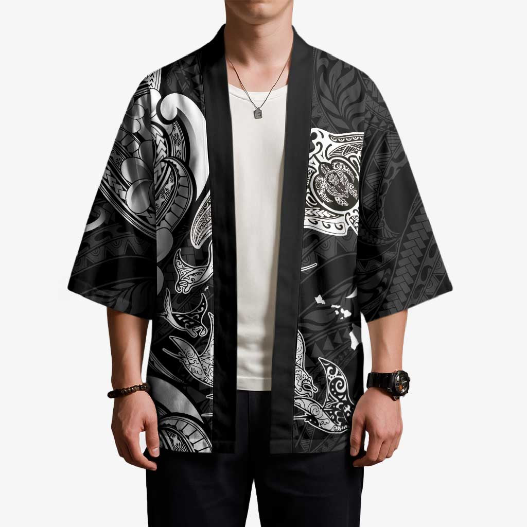 Hawaiian Manta Rays Kimono Tribal Hibiscus Polynesian Tattoos Black Color - Polynesian Pride