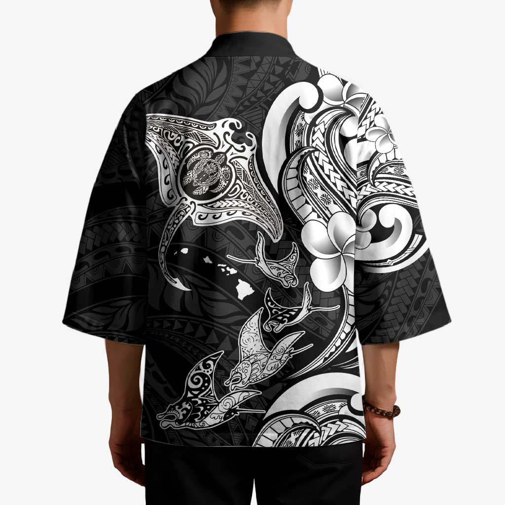 Hawaiian Manta Rays Kimono Tribal Hibiscus Polynesian Tattoos Black Color - Polynesian Pride