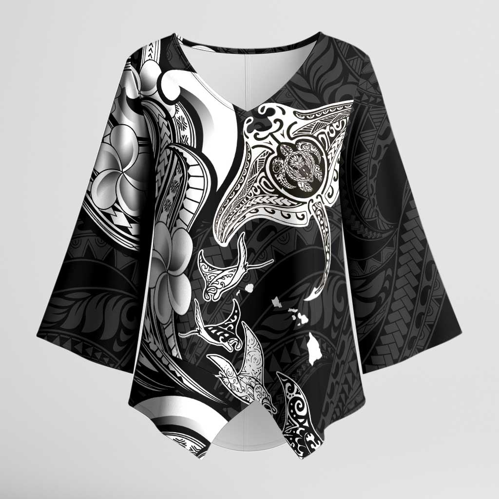 Hawaiian Manta Rays Kimono Sleeve Blouse Tribal Hibiscus Polynesian Tattoos Black Color - Polynesian Pride